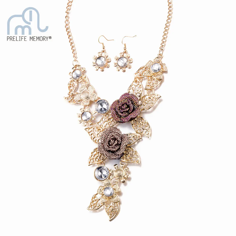 Clearance Sale Flowers Rose Gold Color Rhinestone Necklace Earrings