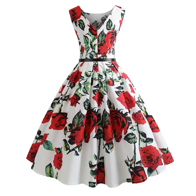 Summer Dress 2018 Vintage Rockabilly Dress Jurken 60s 50s Retro Big Swing Floral Rose Formal Audrey Hepburn Women Dress Vestidos 1