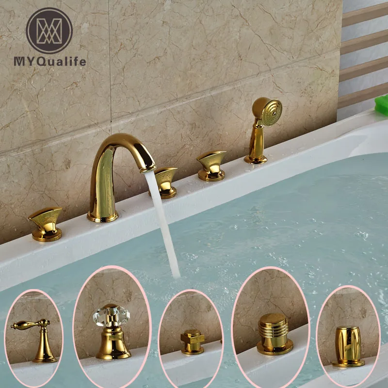 Здесь продается  Multi-style Deck Mount Widespread 5pcs Bathroom Tub Faucet Three Handles Golden Bathtub Filler + Handshower  Строительство и Недвижимость
