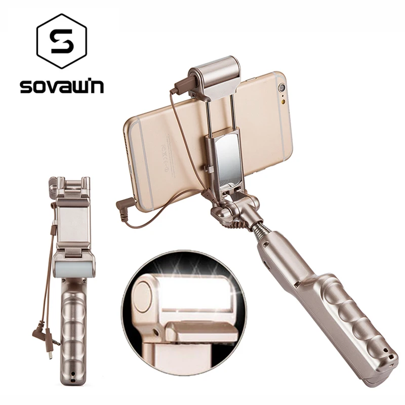 

Portable Wired Selfie Stick Mirror LED Light 360 Rotate Universal Holder Monopod Tripod Rechargeable Handheld for Mobile Phone