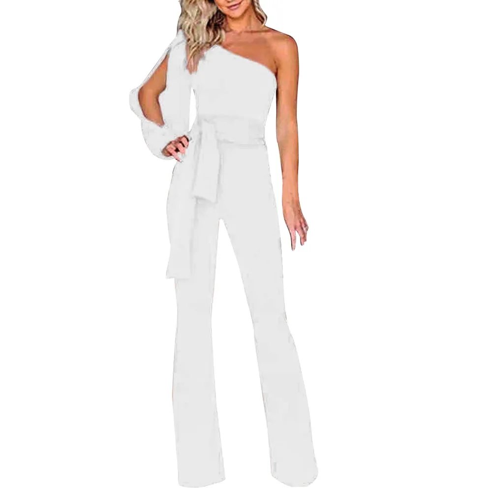 Women Solid Long Sleeve Cold Shoulder Jumpsuit Casual Clubwear Wide Leg Pants Jumpsuit long pants overalls for women L30627 - Цвет: WH