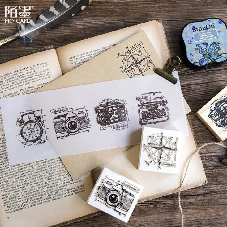 

Camera Compass Luggage Vintage Style Wooden DIY Stamp Set Student Prize Promotional Gift Stationery