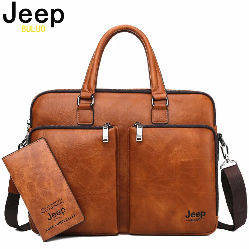 JEEP BULUO Brand Man Briefcase Large Capacity Leather Casual Shoulder Bag For Men Laptop Business B
