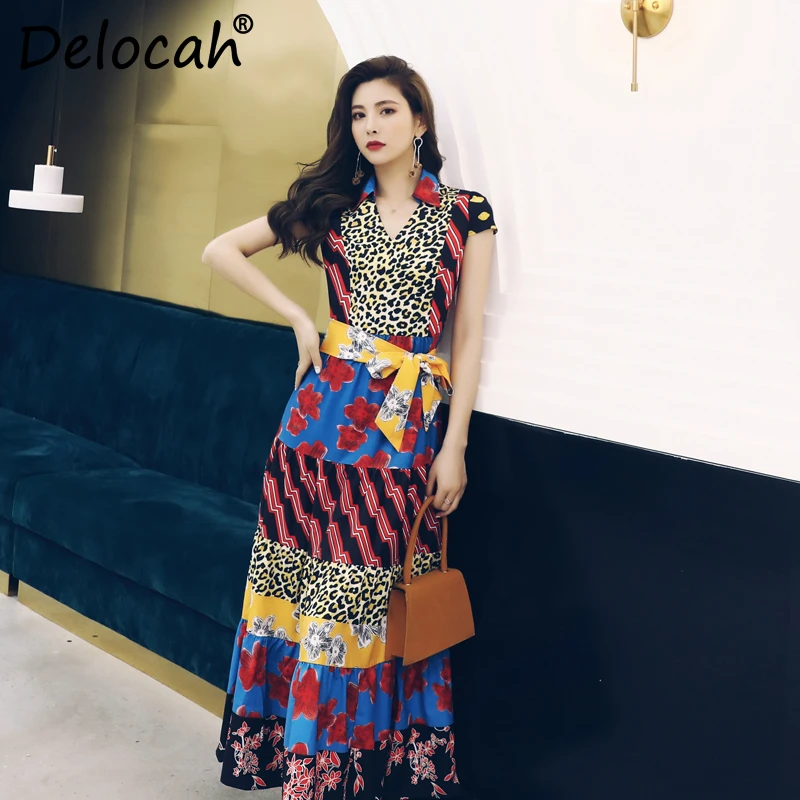 

Delocah Women Spring Summer Dress Runway Fashion Designer Sleeveless Simple Sashes Printed Elegant Vintage Splice A-Line Dress