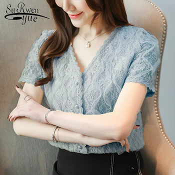 

Fashion women blouse and tops 2019 blouse ladies tops lace blouse button short sleeve casual V-Neck Solid blouse women 3799 50