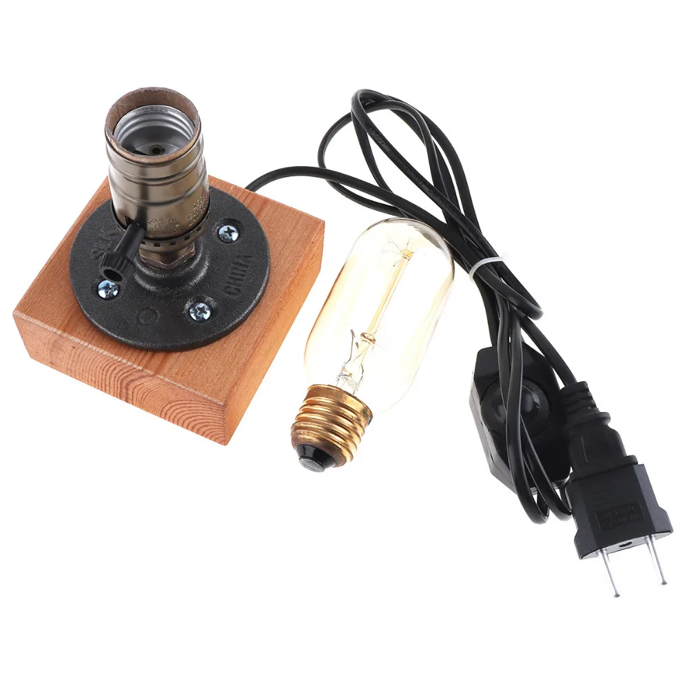  Retro Table Light Single Socket Bedside Desk Lamp Wooden Base Creative Vintage Edison Light Bulb wi