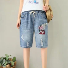 Женские Горячие джинсы джинсовые шорты длиной до колена Вышивка красота рваные потертые свободные милые модные повседневные для лета ATL004