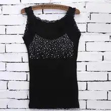 Leisure Women Girl Rhinestone Sequin Lace Tank Female Lace Collar Tank Top Low-cut T-shirts Solid Sleeveless Camisole Tops
