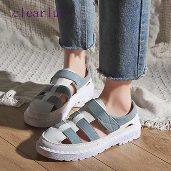 

New women's shoes fashion summer sandals flat bottom Rome sandals college wind blue pink size 35-40