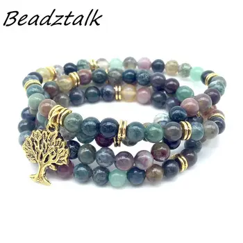 

Natural Stone Beads Round Mala Yoga Bracelet Elastic Stretchy With Metal Tree Charms Necklace Woman Bangle Drop Shipping