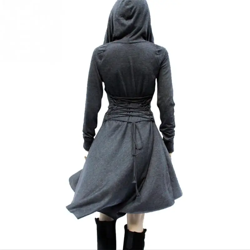 Autumn Winter Hooded Cloak Dress Women Sloid Hooded Sweatshirt Dress