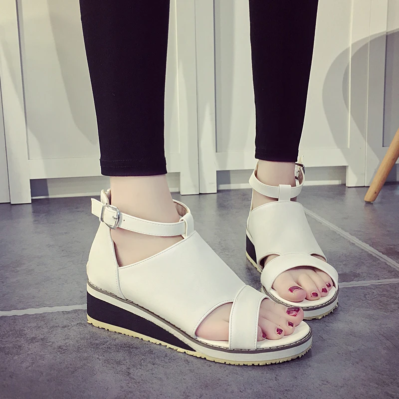 

JOKIHA 2019 Summer Women's Wedges Sandals PU Leather Gladiator Rome Black White Backle Strap Sandals Ladies Female Plus Size 11