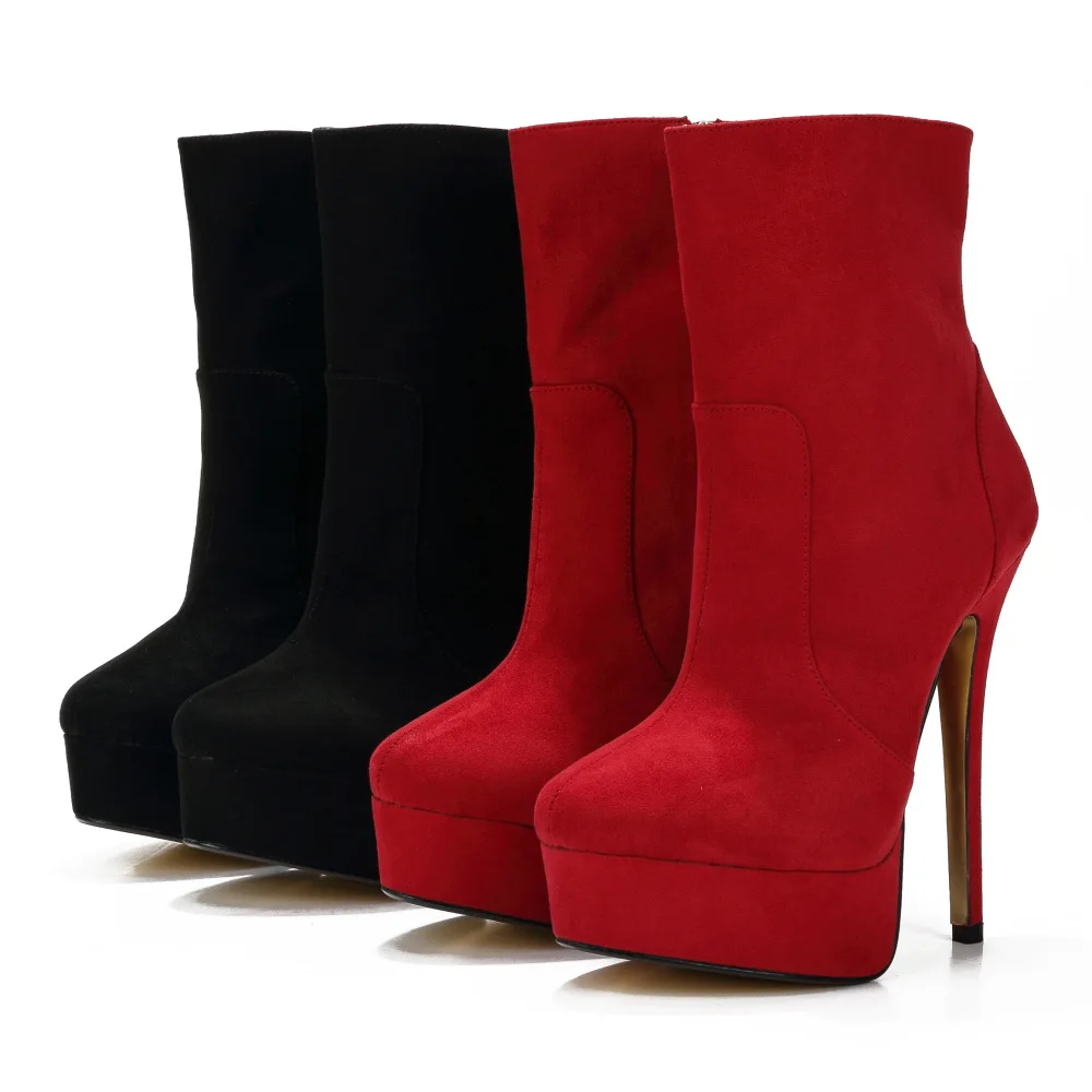 

Flock Leather Ankle Boots High Heels Pointed Toe Women Winter Shoes Fashion Zip Sexy Lady Platform Ankle Boots Black Big Size