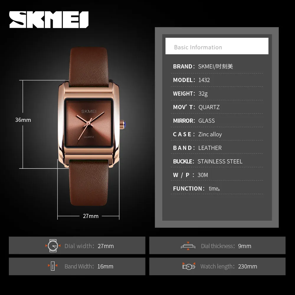 SKMEI кожа кварцевые часы женские роскошные антикварная мода квадратный Платье Просмотрам Relogio Feminino 1432