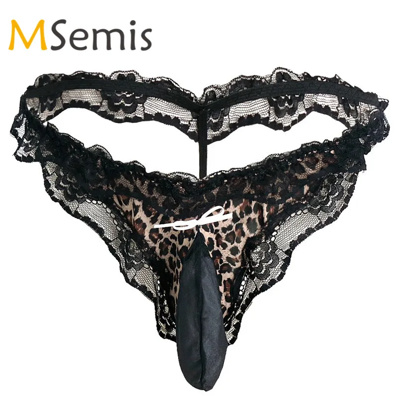 

MSemis Mens Pouch Underwear Leopard Sissy Lace Ruffled Mesh Open Butt G-string Briefs Sissy Gay Underwear Jockstraps Thong Cueca