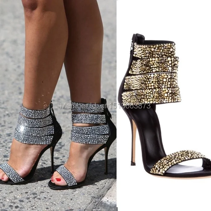 Bling Silver and Gold Rhinestone Ankle Straps High Heel Sandals Ladies Open Toe Satin Crystal