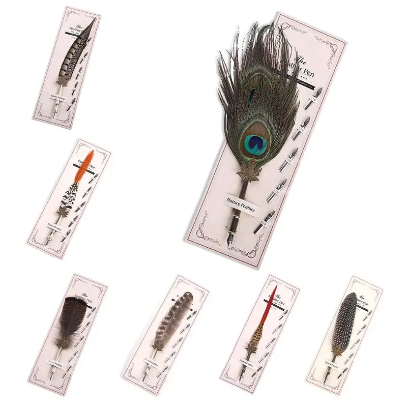 

Vintage Feather Metal Pen Nibbed Dip Writing Ink Quill Pens Set for School Stationery Gifts Art Supplies Feather Pen