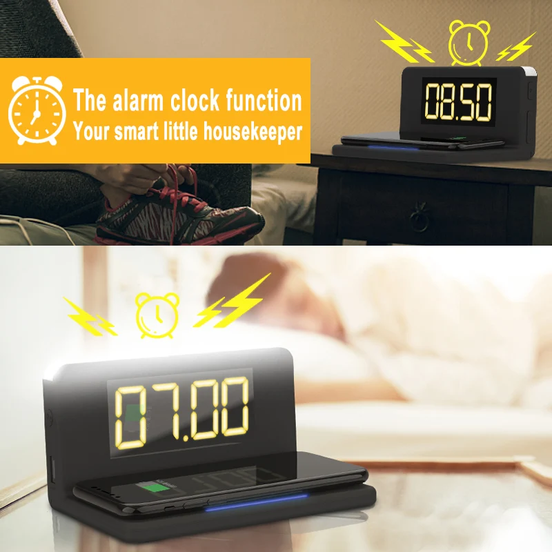 

Bedside Wake Up Digital Alarm Clock with Thermometer Temperature Table Desk Clocks Phone Charger Home Digital Mirror Clock