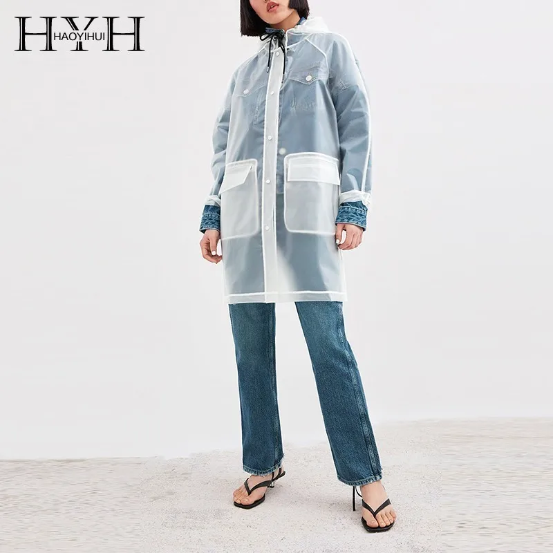 

HYH Haoyihui Adjustable Cover Long Sleeve Patch Pocket Contrast Color Rolling Print Translucent Simple Long Waterproof Raincoat