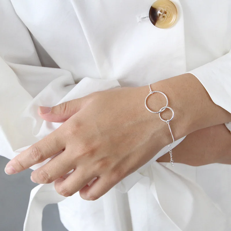 925 пробы серебряные двойные круглые браслеты для женщин, оригинальные простые Стильные женские ювелирные изделия из стерлингового серебра, предотвращающие аллергию