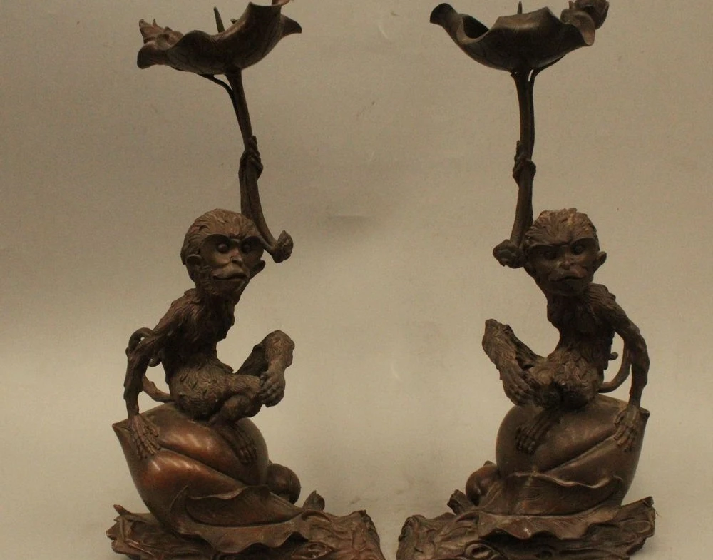 

13" China Palace Pure Bronze Monkey peach Statue candlestick Candle holder Pair