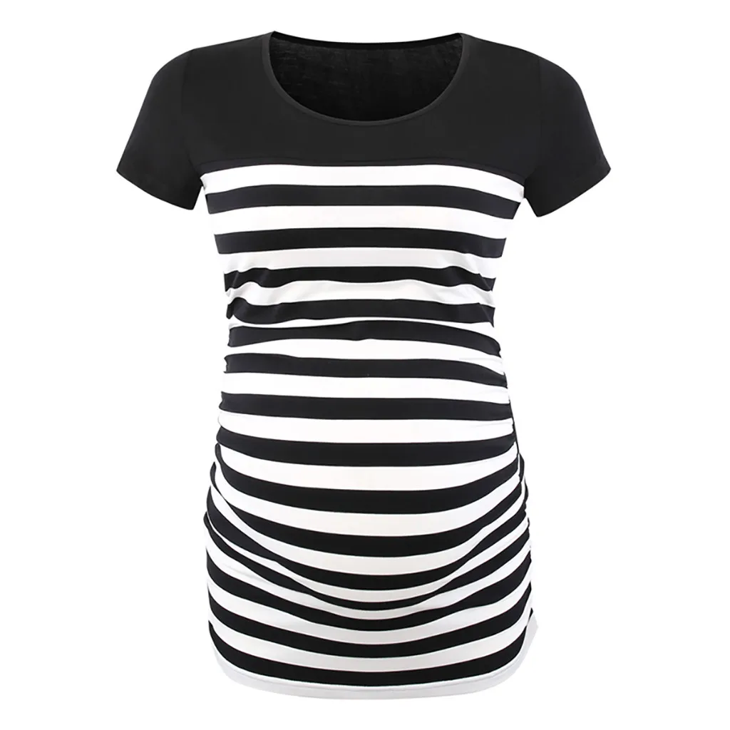 Женская одежда для беременных ropa de mujer Одежда для беременных футболка для кормления грудью топы с круглым вырезом полосатая футболка с коротким рукавом - Цвет: Black