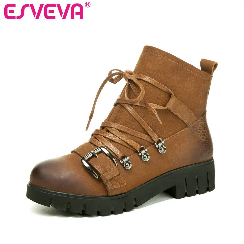 

ESVEVA 2020 Women Shoes Winter Ankle Boots Leather+pu Square Low Heel Lace Up Motorcycle Fashion Platform Boots Size 34-41