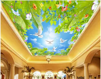 

Custom photo 3d ceiling murals wallpaper Non-woven Blue sky white clouds green leaves palm painting room wallpaper for walls 3 d