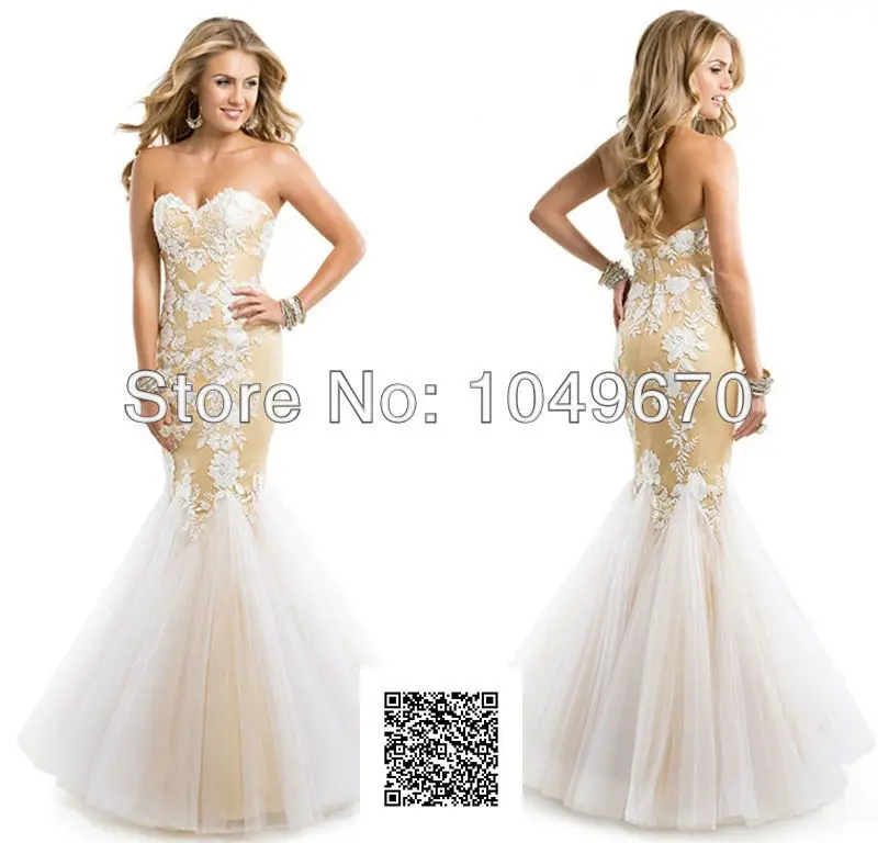2014 Free Shipping Sweetheart Applique Mermaid Prom Dresses Tulle Floor Length vestidos de fiesta Gowns Party N448 | Свадьбы и