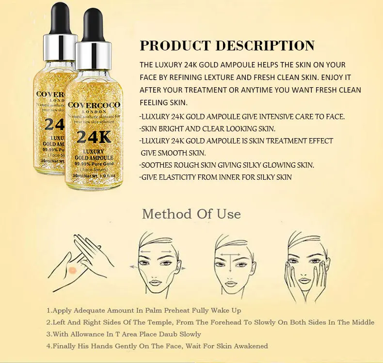 Luxury 24k Pure Gold 99.99% Serum Ampoule Essence Hyaluronic Acid Whitening Moisturizing Anti- Aging Day Cream Anti-Wrinkle Face Care Treatment For Women