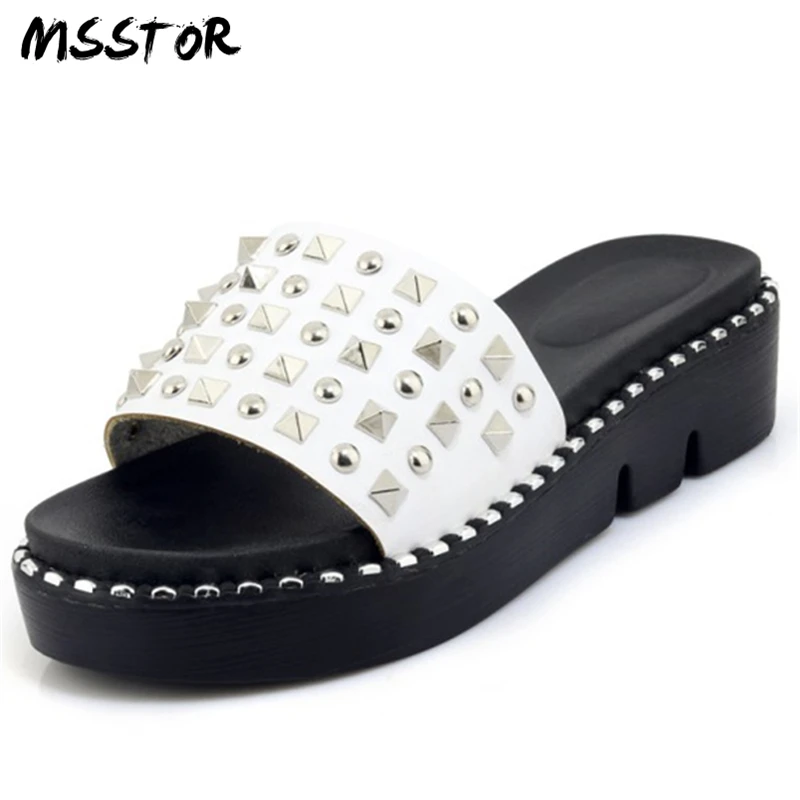 

MSSTOR Wedges Summer Slippers Plus Size 34-44 Fashion Outside Pink Casual Concise Peep Toe Platform Shoes Rivet Ladies Slippers