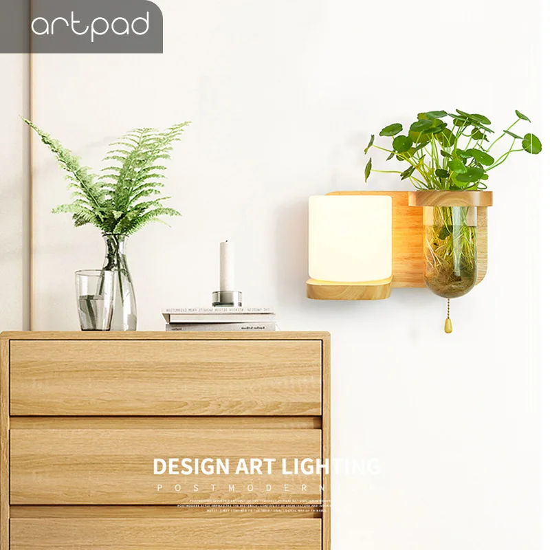 

Japanese Creative Style Wood Hydroponics Wall Led Lamp with Glass Holder for Green Plant Balcony Aisle Art Decor Wall Lighting