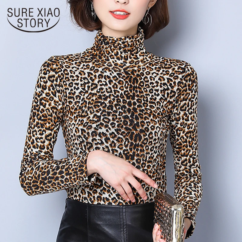 Женская рубашка с высоким воротником леопардовым принтом длинным рукавом весна