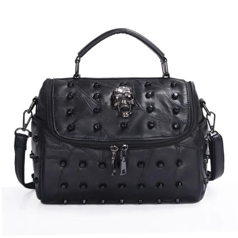 

JIEROTYX Women Real Split Sheep Leather Messenger Bag Rivet Skull Tote Handbag Travel Crossbody Bolsas Femininas Black Gothic