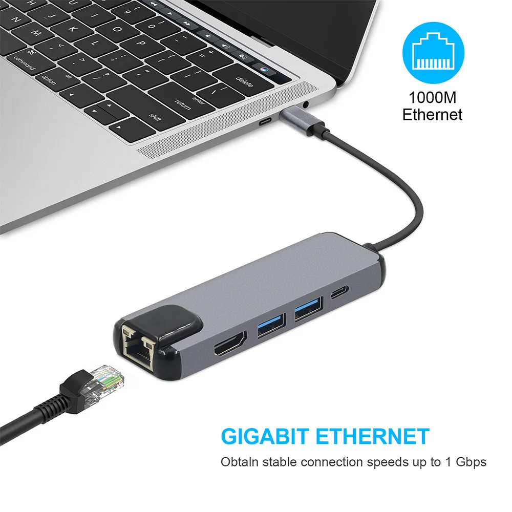 Adaptador USB-C de Ethernet USB Hub convertidor 4 K HDMI tipo C USB 3,0 a RJ45 Lan de la red tarjeta para macbook USB interruptor de Ethernet, - 2
