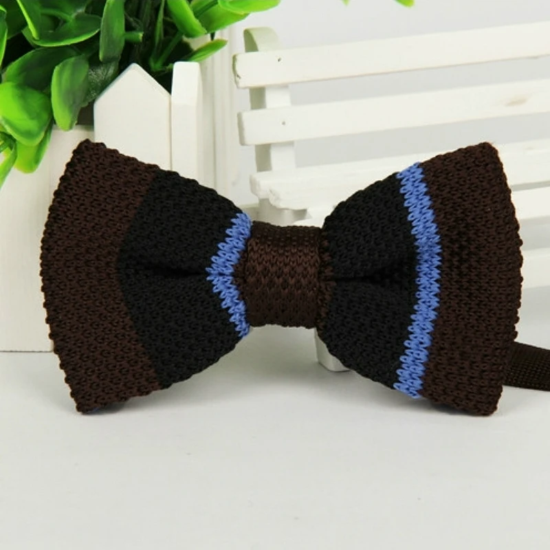 

Men's Dark Brown Bowtie Double Layer Classical Sky Blue Striped Knit Knitted Pre Tied Bow Tie For Groom Wedding Party ZZBW217