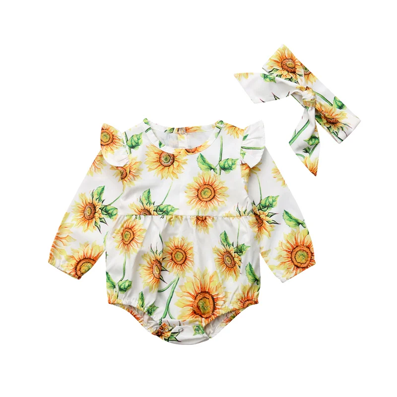 Newborn Baby Girls Ruffles Sleeve Bodysuit Jumpsuit Headband Clothes Outfits Sunflower Floral Set Newborn Baby Girls Ruffles Sleeve Bodysuit Jumpsuit Headband Clothes Outfits Sunflower Floral Set