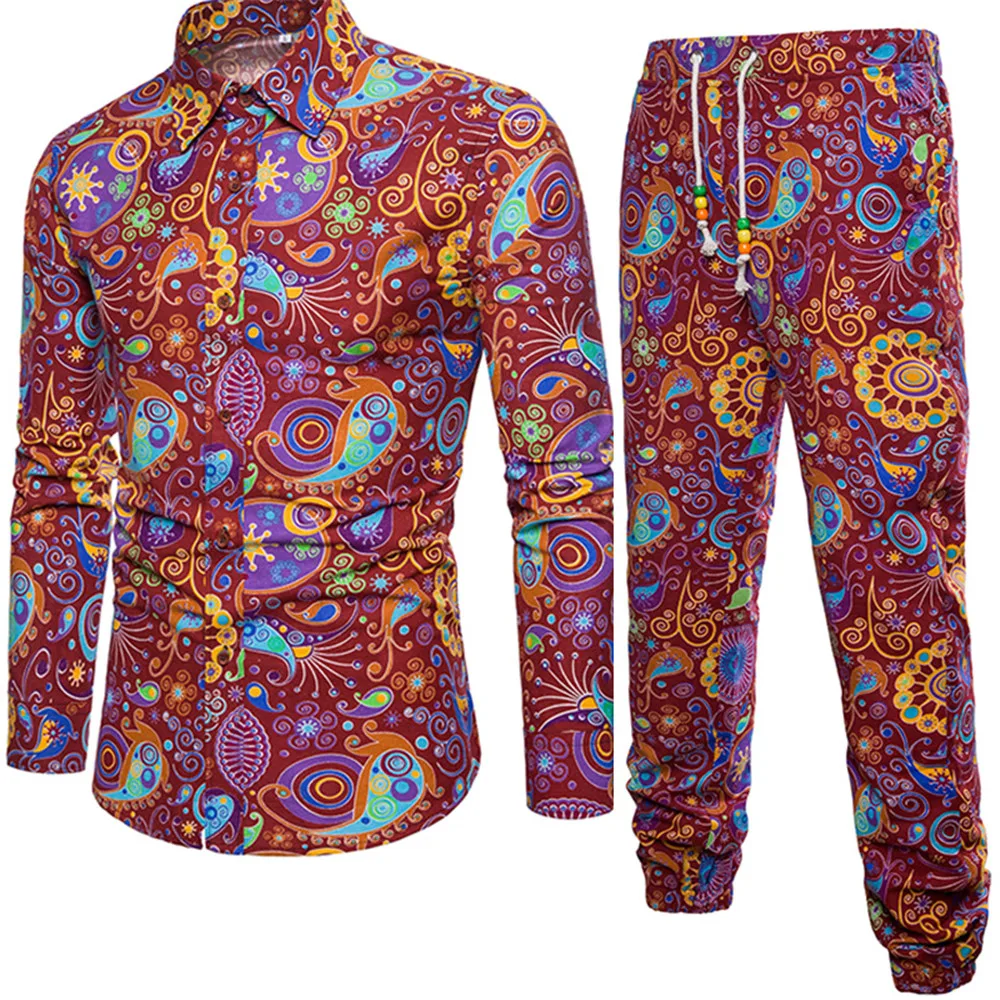 

Male Red Suits Holiday Travel Clothes Korean Style Man Party Set Long Sleeve Vacation TrackSuits Gentleman Vintaga Printed Pants