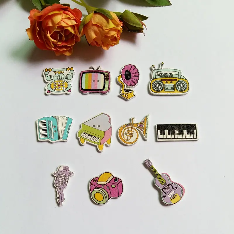 

Free Shipping 120PCs Mixed Musical Instruments Decorative Buttons 2 Holes Mixed Sewing Wooden Buttons Flatblck Scrapbook