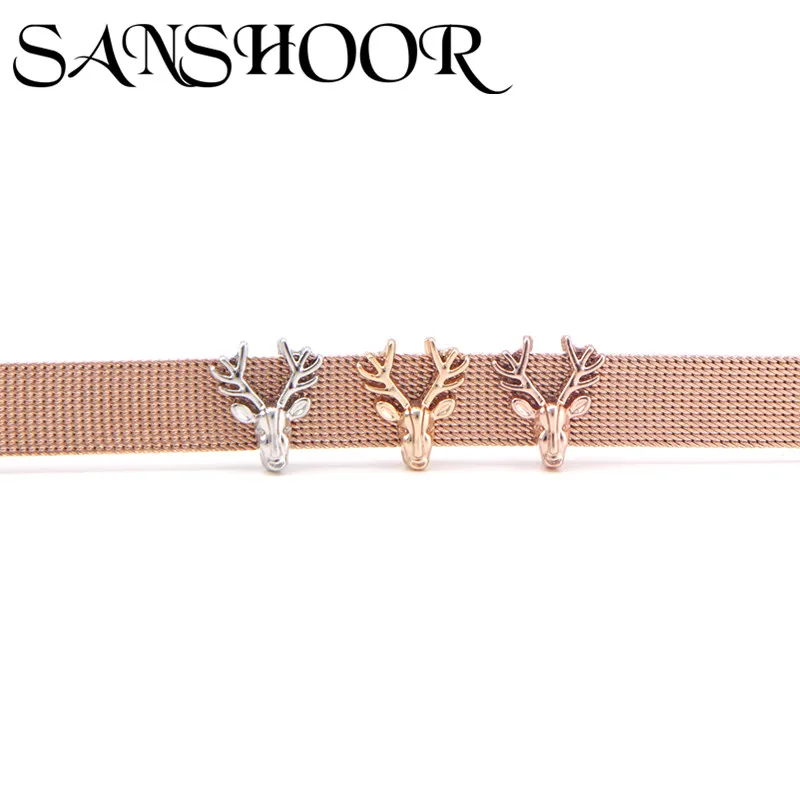 

SANSHOOR Jewelry Animal Moose Elk Deer Slide Charms Fit 10mm Stainless Steel Mesh Bracelet for DIY Accessories Making