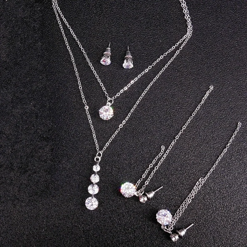 

Fashion Elegant Simple Silver Double Chains Zircon Pendant Necklace Earrings Set for Women Wedding Jewelry Gifts