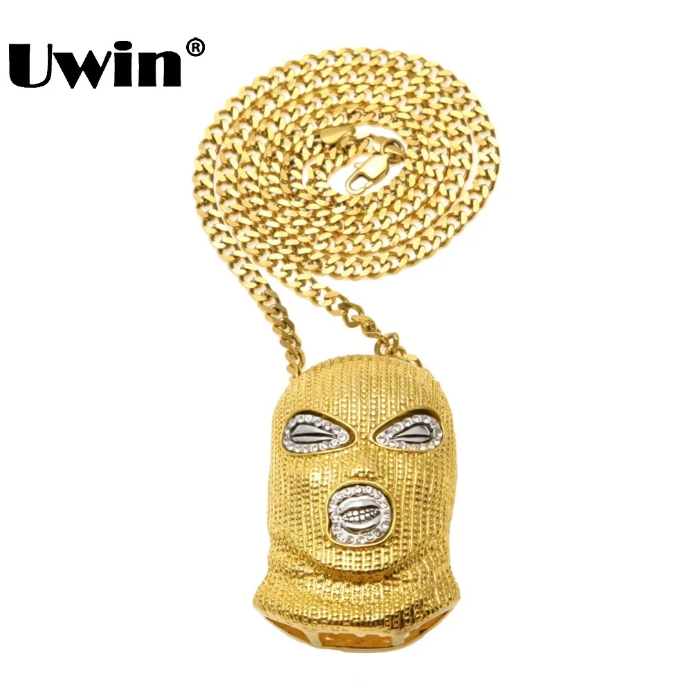 

Gold Color Hip Hop CSGO Rhinestone Iced Out Military Counter-Terrorism Mask Pendant Necklace World Peace Men Punk Jewelry