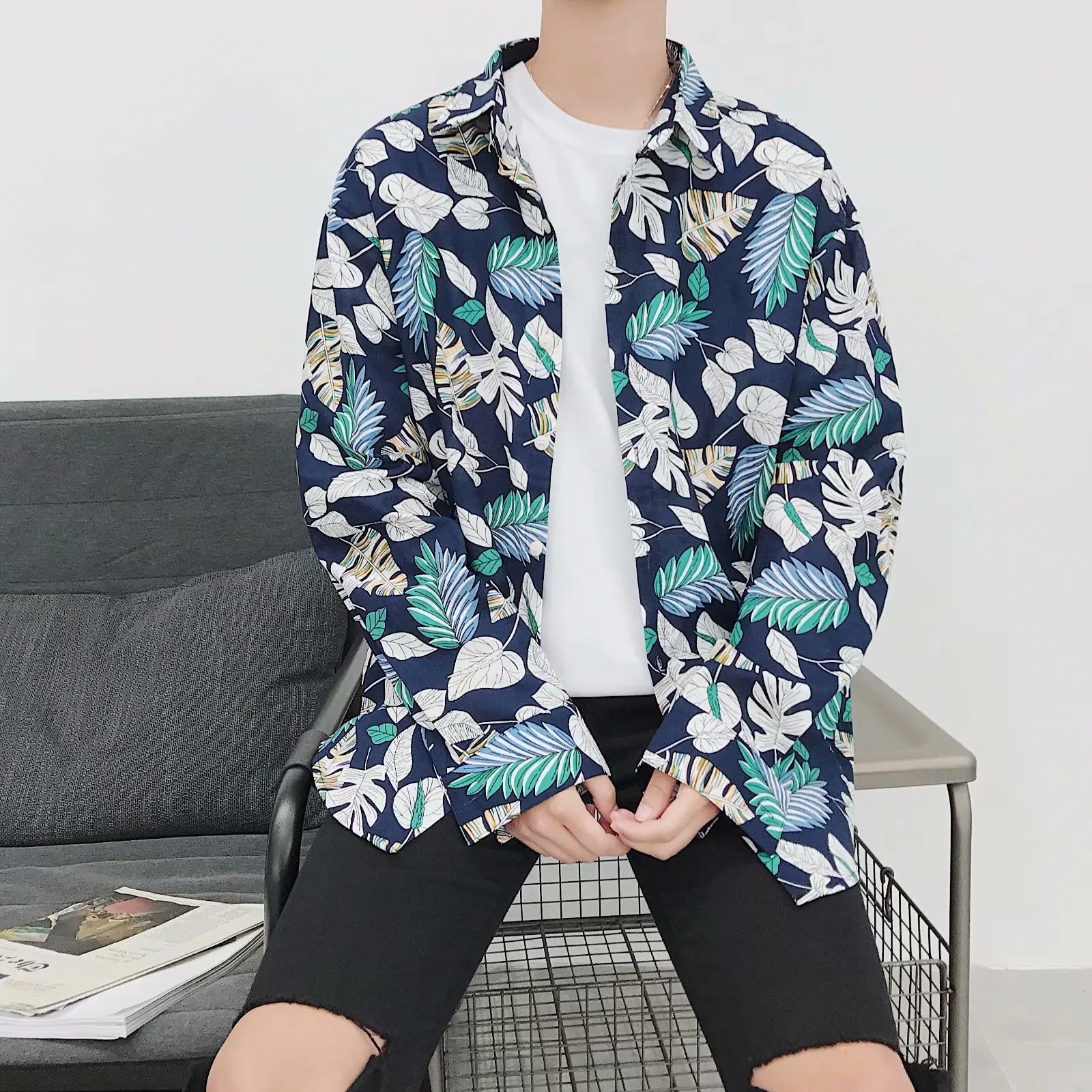 

Mr.nut summer long-sleeved shirt men's thin section loose casual beach flower shirt Hawaii seaside holiday travel clothes