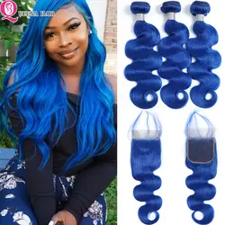 Queena бразильские волнистые окрашенные синие человеческие волосы пучки с закрытием remy волосы для наращивания швейцарская шнуровка с