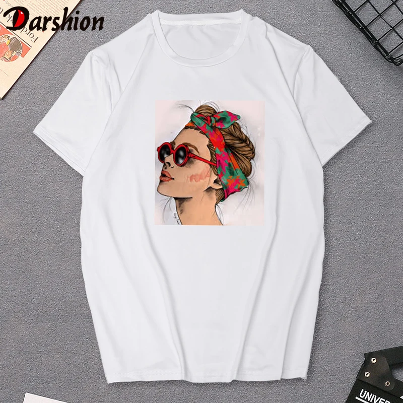

Darshion 2019 Fashion Girl Print t shirt women Cotton Short Sleeve O-neck Female tshirt Slim Fit Soft Harajuku tee shirt femme