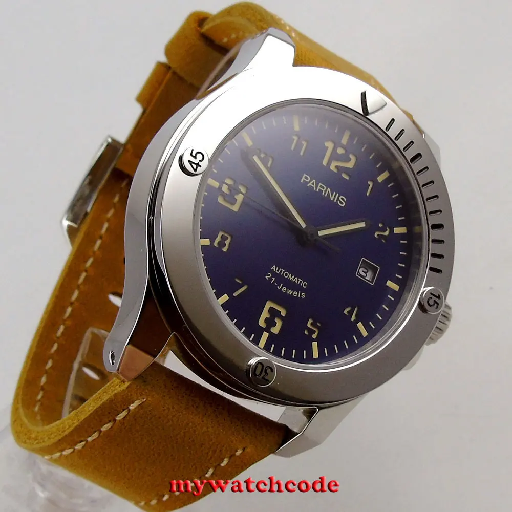 Роскошные Брендовые мужские часы Автоматические Parnis 43 мм синий циферблат супер