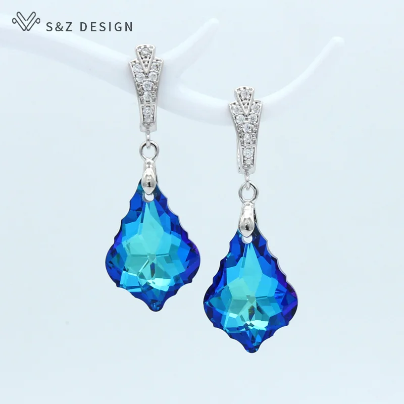 S&Z DESIGN New White Gold Color Colorful Crystal Dangle Earrings For Women Wedding Fashion Party Gift Eardrop