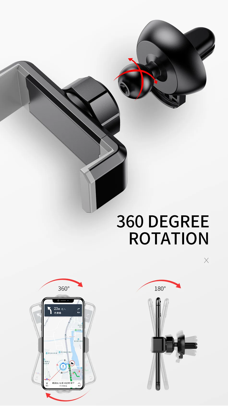 Автомобильный держатель для телефона ROCK для iPhone X, 8, 7, 6 S, Макс. Вращение на 360 градусов, регулируемый автомобильный держатель для телефона из АБС-пластика, держатель для вентиляционного отверстия, подставка для автомобиля