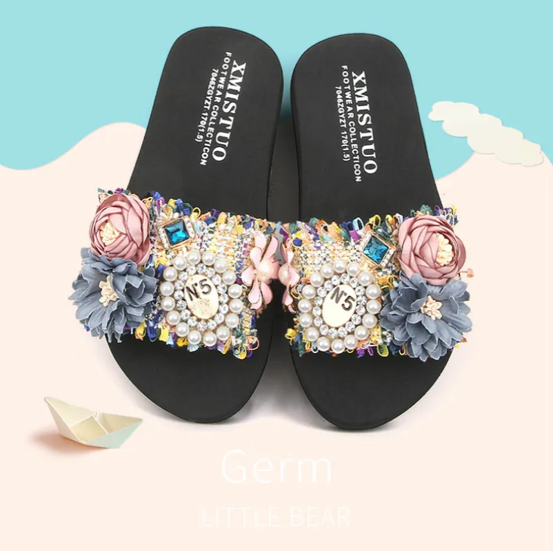 Летние тапочки с цветочным рисунком для девочек; детские тапочки; модная обувь принцессы; пляжная обувь с открытым носком; Милые жемчужные тапочки для детей; Pantuflas