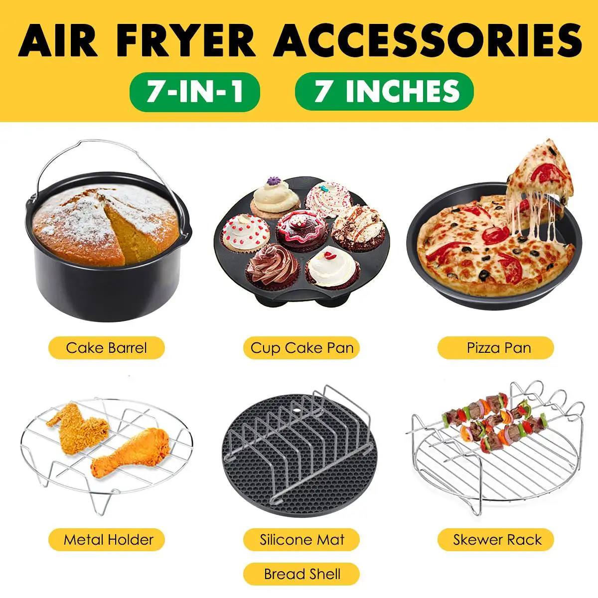 

7 inch 7Pcs Air Fryer Accessories Set High Quality Household Kitchen Barbecue Cooking Baking Tools Fit for 3.2-6.8QT Air Fryer